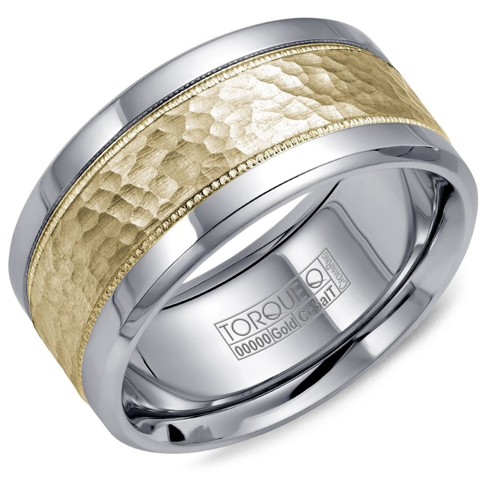 Torque Men's Wedding Band - 14K Yellow Gold and White Cobalt with Frosted Center and Milgrain Detail - 10.5mm Width from the Cobalt Collection