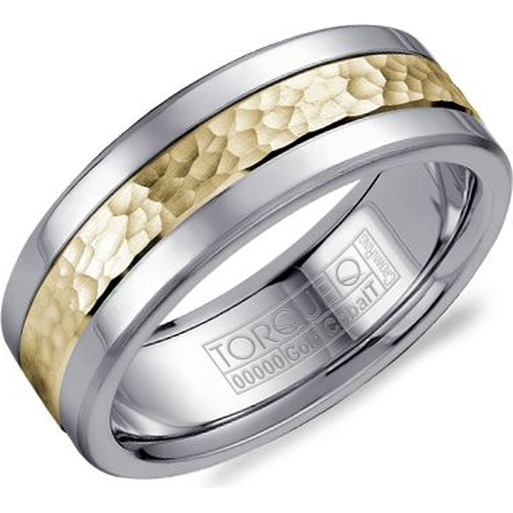 Torque Men's Wedding Band - 14K Yellow Gold and White Cobalt with Hammered Center Inlay - 7.5mm Width from the Cobalt Collection