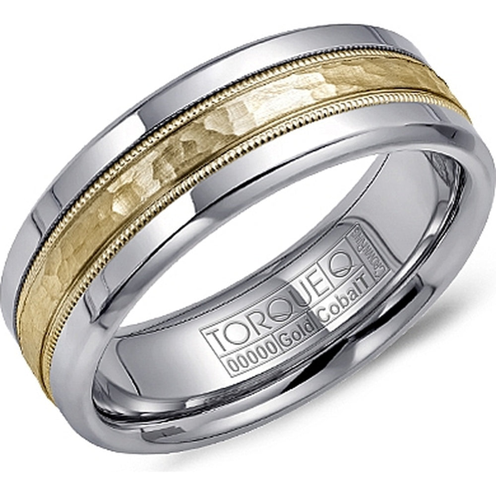 Torque Men's Wedding Band - 14K Yellow Gold and White Cobalt with Hammered Frosted Center and Beveled Edges - 7.5mm Width from the Cobalt Collection