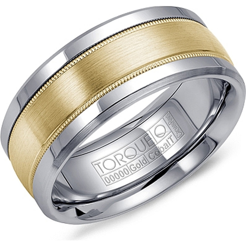 Torque Men's Wedding Band - 14K Yellow Gold and White Cobalt with Sandpaper Center and Milgrain Detail - 9mm Width from the Cobalt Collection