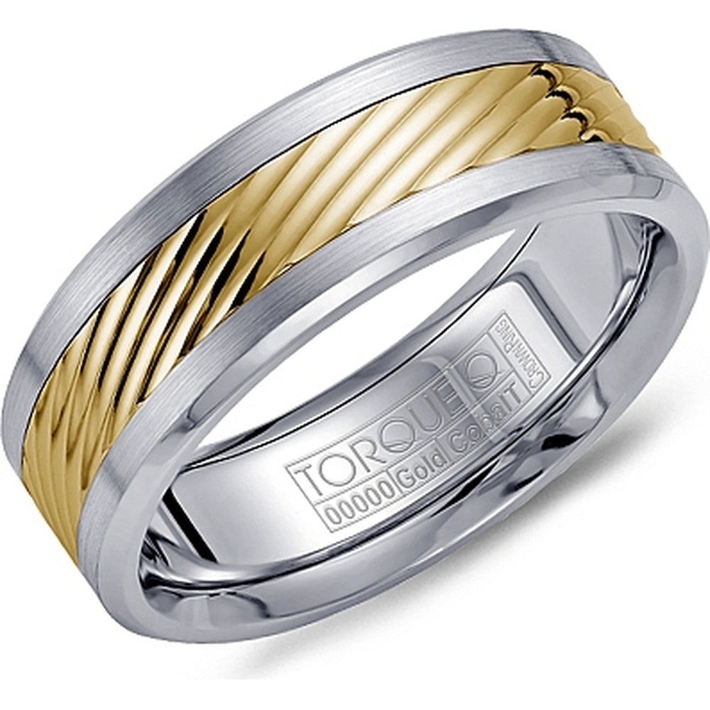 Torque Men's Wedding Band - 14K Yellow Gold and White Cobalt with Twisted Rope Inlay and Sandpaper Finish - 7.5mm Width from the Cobalt Collection