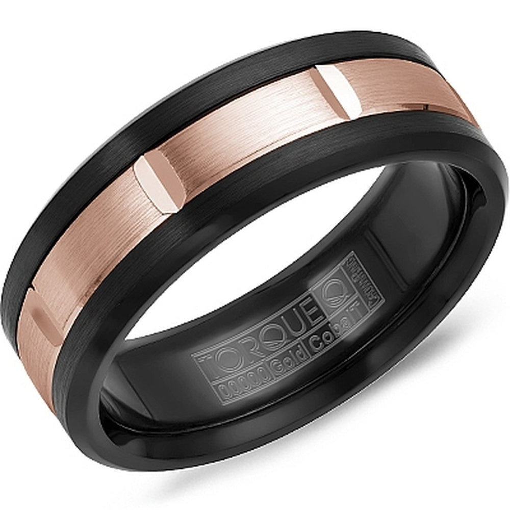 Torque Men's Wedding Band - 18K Rose Gold and Black Cobalt with Sandpaper Top and High Polish Bevel - 7.5mm Width from the Black Cobalt & Gold Collection