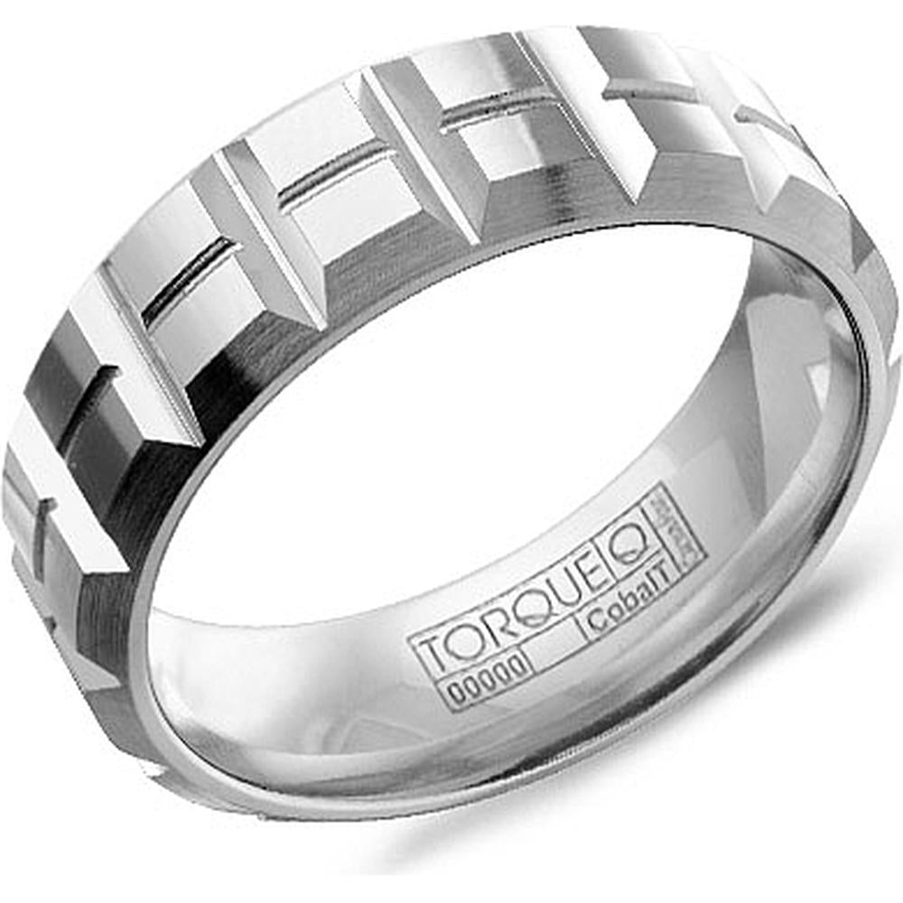 Torque Men's Wedding Band - Angular Cut Polished Surface with Geometric Grooved Design in Cobalt - 7mm Width from the Cobalt Collection