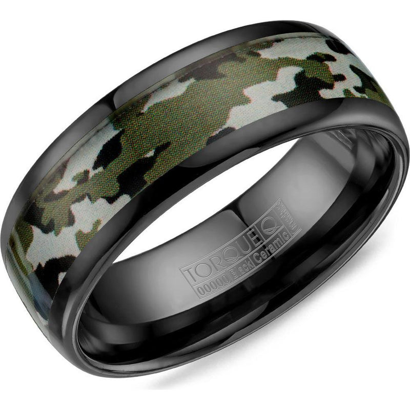 Torque Men's Wedding Band - Black Ceramic with Camo Pattern Inlay and Rounded Edges in Black Ceramic - 8mm Width from the Black Ceramic Collection