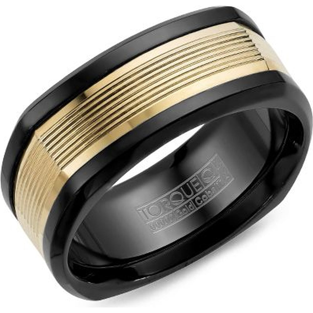 Torque Men's Wedding Band - Black Cobalt and 14K Yellow Gold with Grooved Inlay - 9mm Width from the Black Cobalt & Gold Collection
