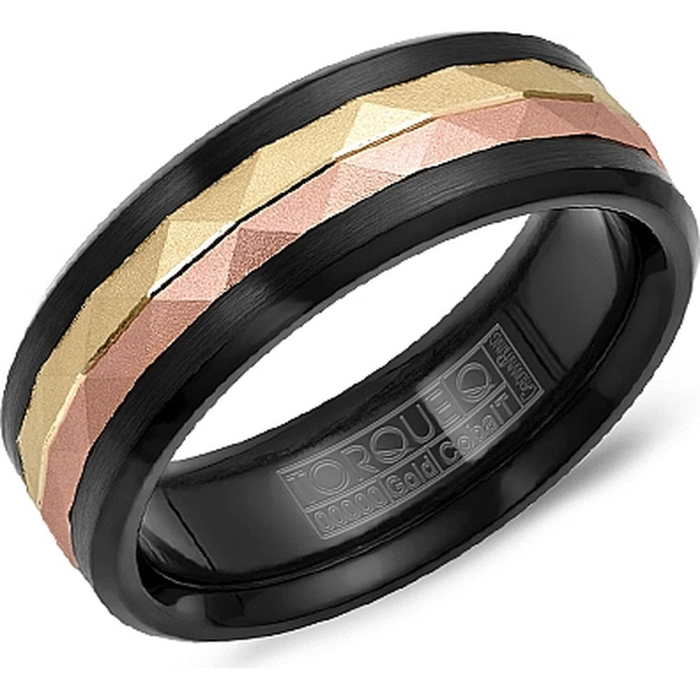 Torque Men's Wedding Band - Black Cobalt and 14K Yellow/Rose Gold with Sandblast Center and Geometric Inlay - 7.5mm Width from the Black Cobalt & Gold Collection