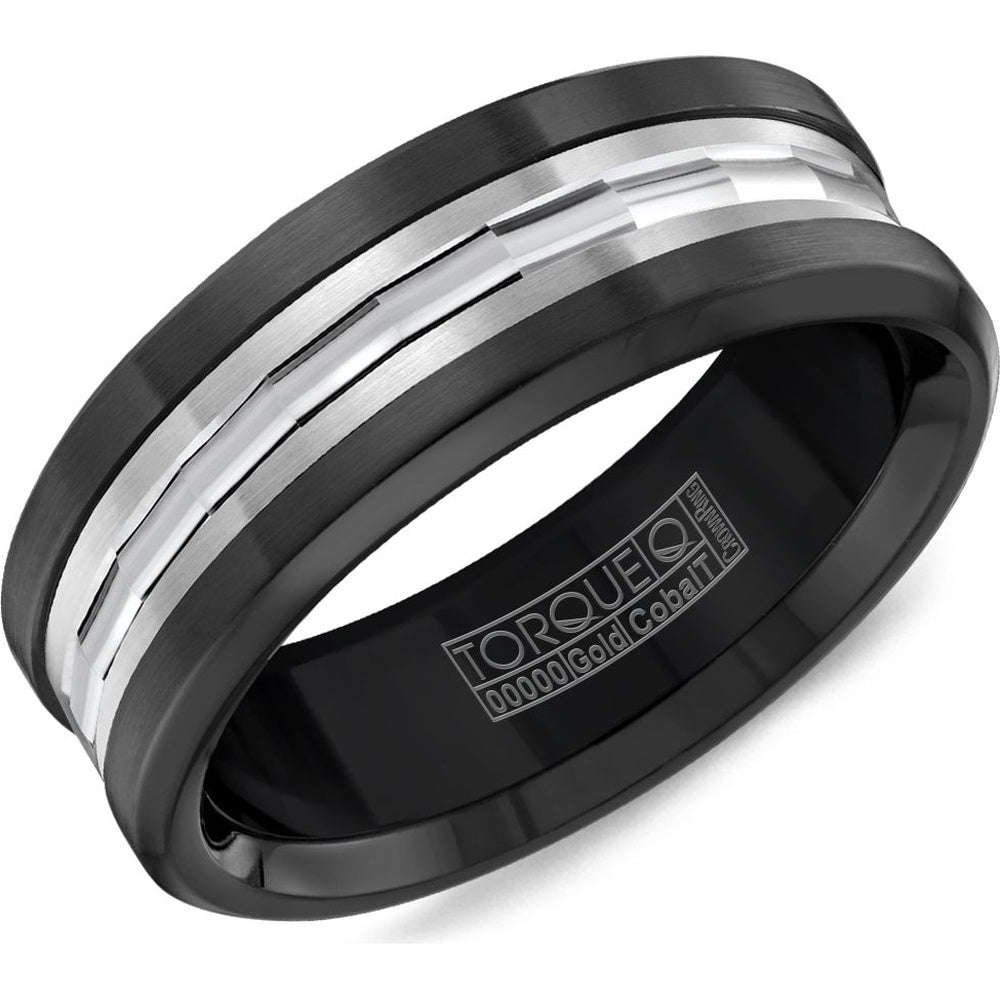 Torque Men's Wedding Band - Black Cobalt with 14K White Gold Inlay - 7.5mm Width from the Black Cobalt & Gold Collection