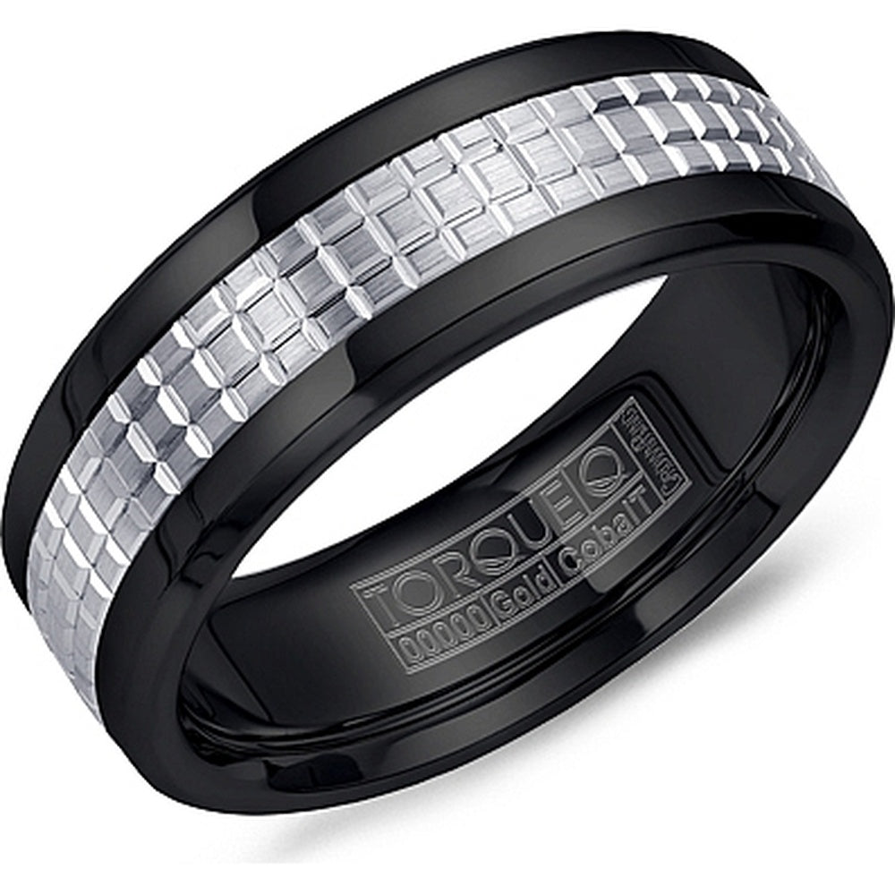 Torque Men's Wedding Band - Black Cobalt with 14K White Gold Sandpaper Inlay and High Polish Beveled Edges - 7.5mm Width from the Black Cobalt & Gold Collection