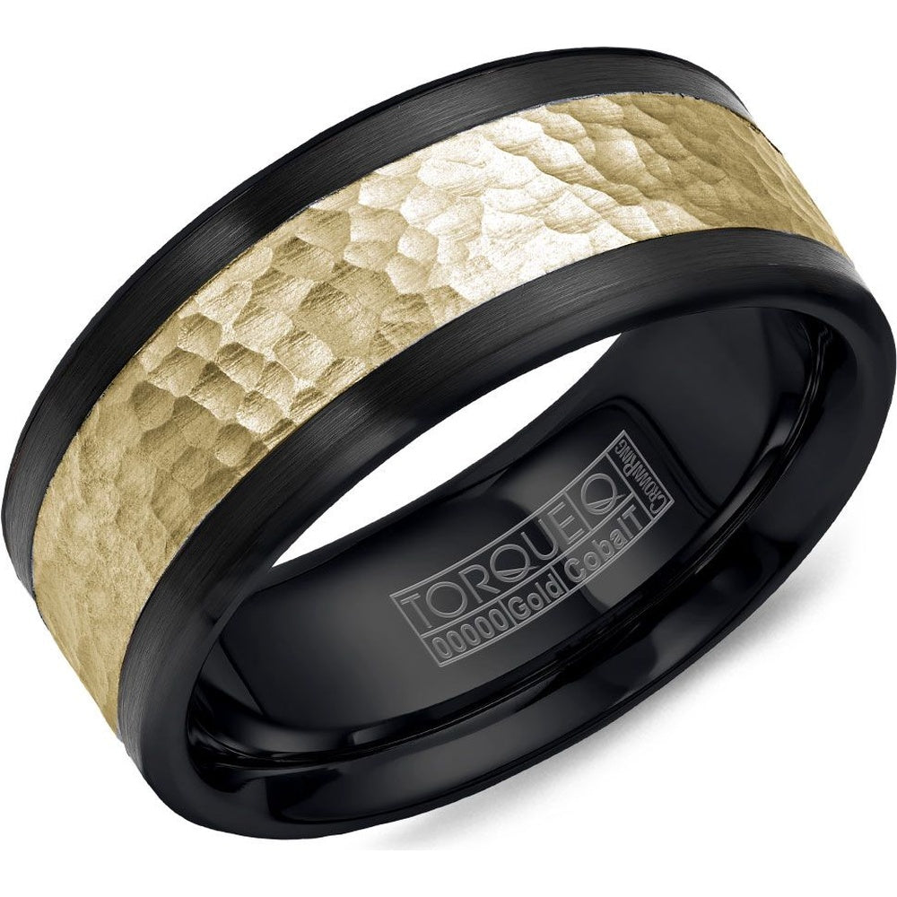 Torque Men's Wedding Band - Black Cobalt with 14K Yellow Gold Frosted Inlay and Brushed Beveled Edges - 9mm Width from the Black Cobalt & Gold Collection