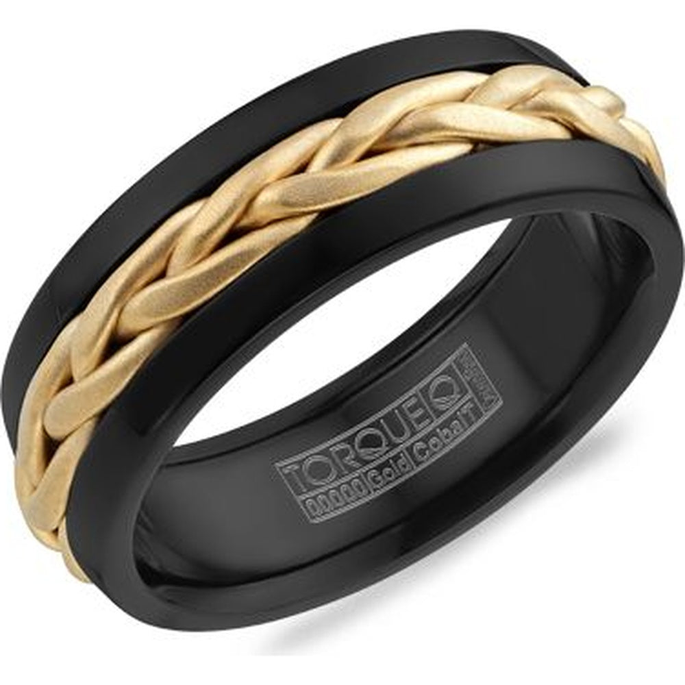 Torque Men's Wedding Band - Black Cobalt with Braided 14K Yellow Gold Sandblast Inlay - 7.5mm Width from the Black Cobalt & Gold Collection