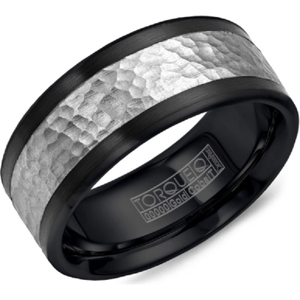 Torque Men's Wedding Band - Black Cobalt with Hammered 14K White Gold Inlay and Sandpaper Bevels - 9mm Width from the Black Cobalt & Gold Collection