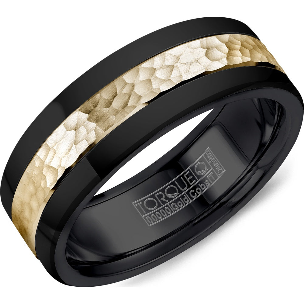 Torque Men's Wedding Band - Black Cobalt with Hammered 14K Yellow Gold Inlay and Beveled Edges - 7.5mm Width from the Black Cobalt & Gold Collection