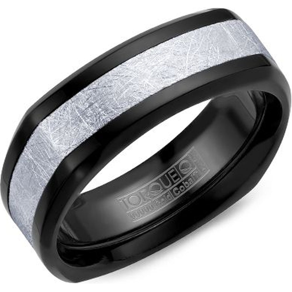 Torque Men's Wedding Band - Black Cobalt with Textured 14K White Gold Inlay - 7.5mm Width from the Black Cobalt & Gold Collection