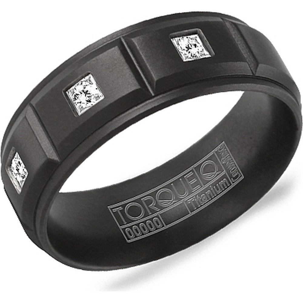 Torque Men's Wedding Band - Black Titanium with 3 Square-Set Round Diamonds and Sandblast Finish- 0.11 Carat Total Diamond Weight - 8mm Width from the Black Titanium Collection