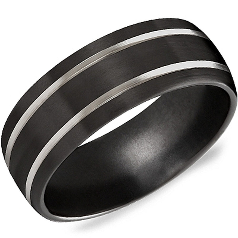 Torque Men's Wedding Band - Black Titanium with Sandblast Finish and Dual High-Polish Grooves - 8mm Width from the Black Titanium Collection