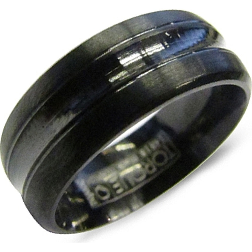 Torque Men's Wedding Band - Black Titanium with Sandpaper Sides and High Polish Center - 8mm Width from the Black Titanium Collection