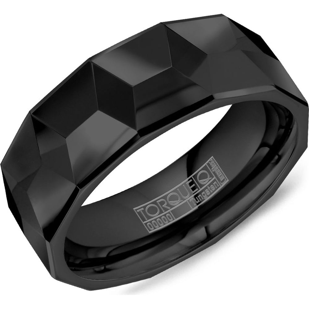 Torque Men's Wedding Band - Black Tungsten Carbide with Faceted High Polish Finish - 8mm Width from the Tungsten Carbide Collection