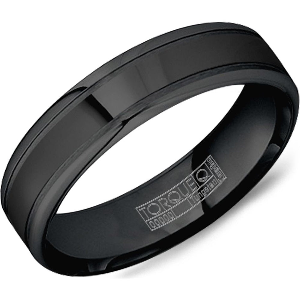 Torque Men's Wedding Band - Black Tungsten Carbide with High Polish Center and Sandpaper Grooves - 6mm Width from the Tungsten Carbide Collection