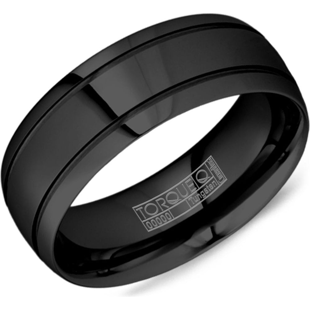 Torque Men's Wedding Band - Black Tungsten Carbide with High Polish Grooved Dome Profile - 8mm Width from the Tungsten Carbide Collection