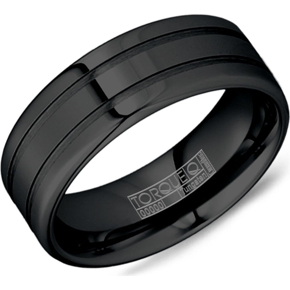 Torque Men's Wedding Band - Black Tungsten Carbide with High Polish Top and Sandpaper Grooves- Comfort Fit - 8mm Width from the Tungsten Carbide Collection