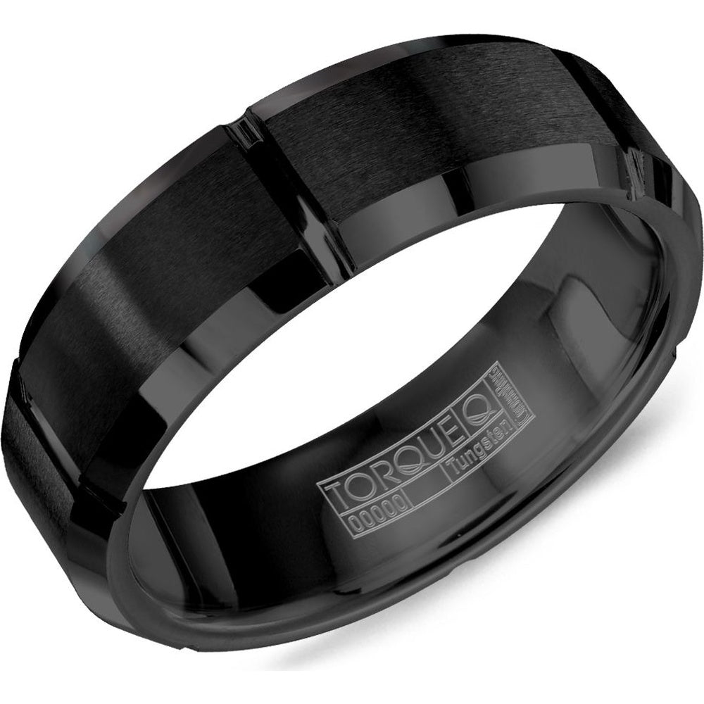 Torque Men's Wedding Band - Black Tungsten Carbide with Sandpaper Center and High Polish Beveled Edges - 7mm Width from the Tungsten Carbide Collection