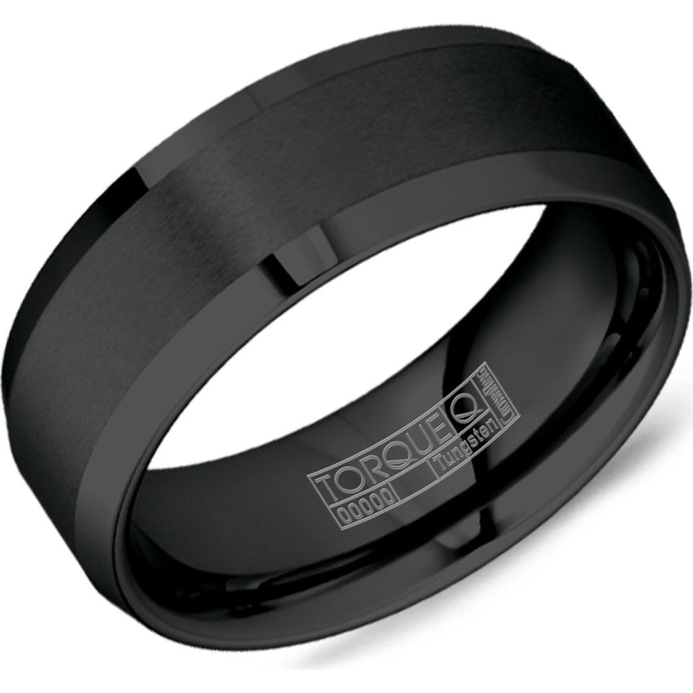 Torque Men's Wedding Band - Black Tungsten Carbide with Sandpaper Center and High Polish Edges - 8mm Width from the Tungsten Carbide Collection