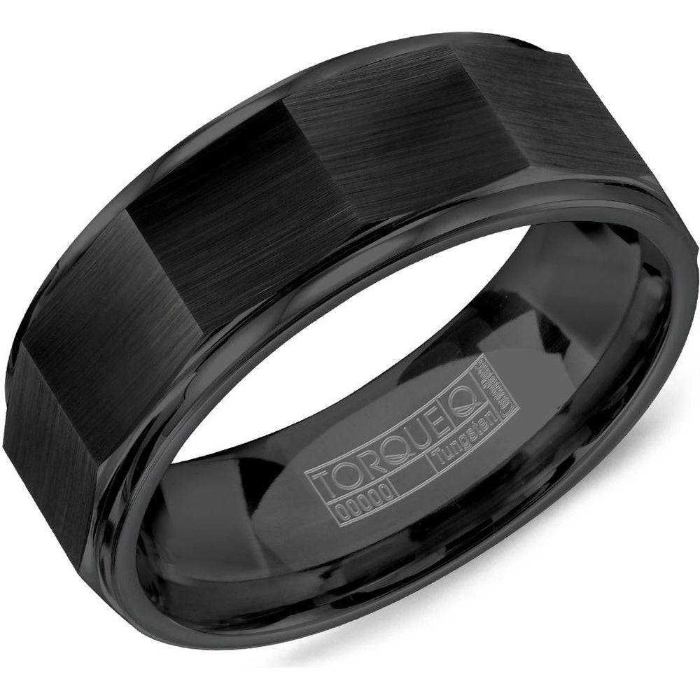 Torque Men's Wedding Band - Black Tungsten Carbide with Sandpaper Center and High Polish Edges - 8mm Width from the Tungsten Carbide Collection