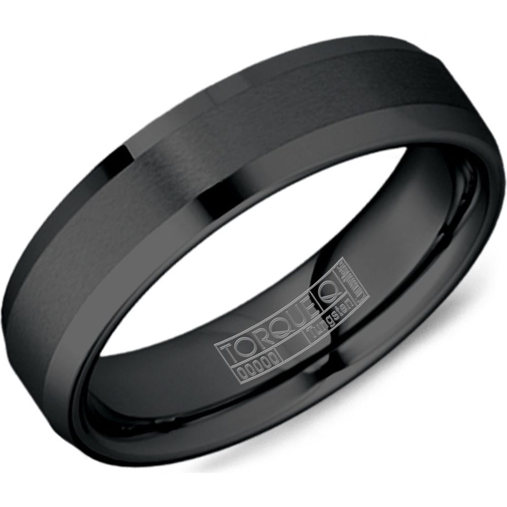 Torque Men's Wedding Band - Black Tungsten Carbide with Sandpaper Center and High Polish Edges- Special Order Sizes 3-16 - 6mm Width from the Tungsten Carbide Collection