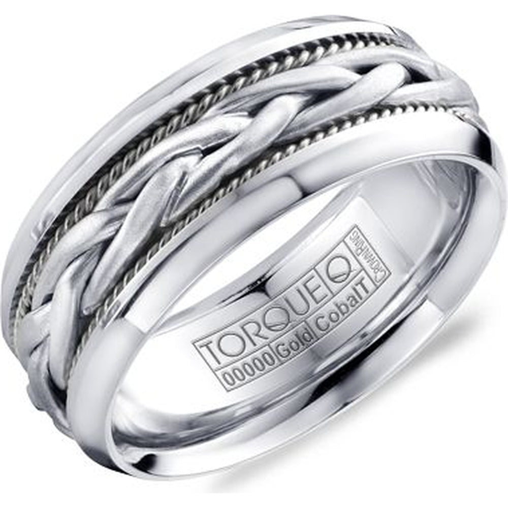 Torque Men's Wedding Band - Braided in White Cobalt with 14K White Gold Inlay and Rope Detail - 9mm Width from the Cobalt Collection