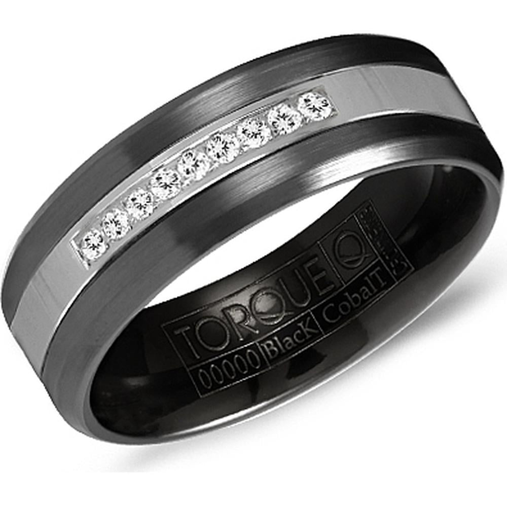 Torque Men's Wedding Band - Brushed Black Band with Channel Set Diamonds and Polished Silver Inlay in Black Cobalt - 7mm Width from the Black Cobalt Collection