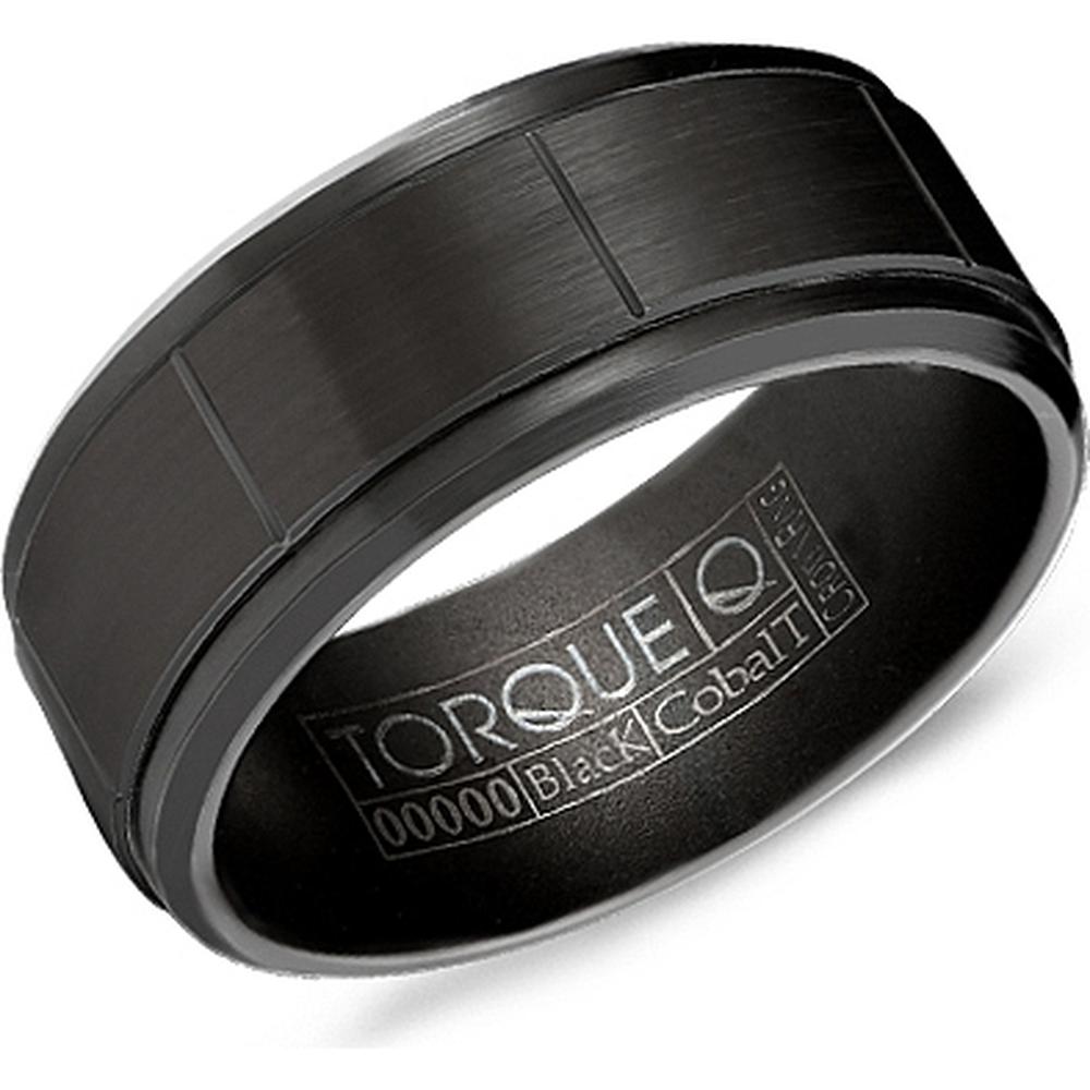 Torque Men's Wedding Band - Brushed Black Band with Grooved Step Design and Beveled Edges in Black Cobalt - 9mm Width from the Black Cobalt Collection