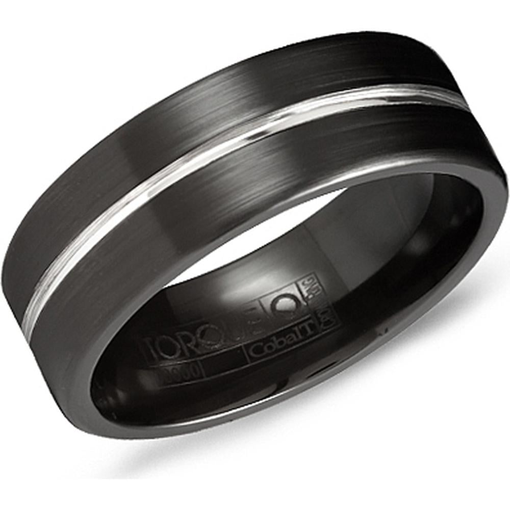 Torque Men's Wedding Band - Brushed Black Band with Polished Silver Groove and Rounded Edges in Black Cobalt - 7mm Width from the Black Cobalt Collection