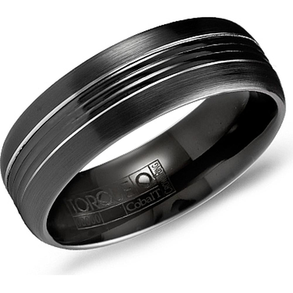 Torque Men's Wedding Band - Brushed Black Band with Triple Polished Grooves and Subtle Edges in Black Cobalt - 7mm Width from the Black Cobalt Collection