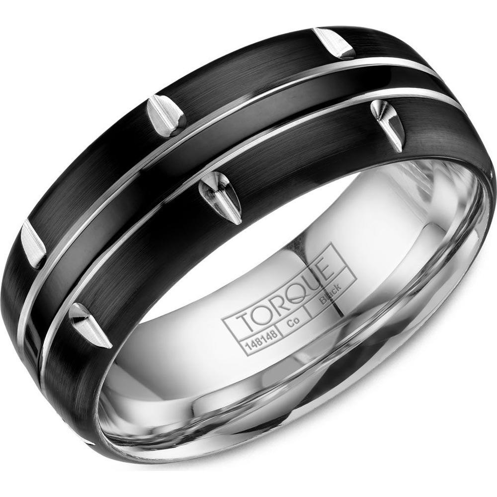 Torque Men's Wedding Band - Brushed Black Finish with Polished Silver Grooves and Notches in Black Cobalt - 8mm Width from the Black Cobalt Collection