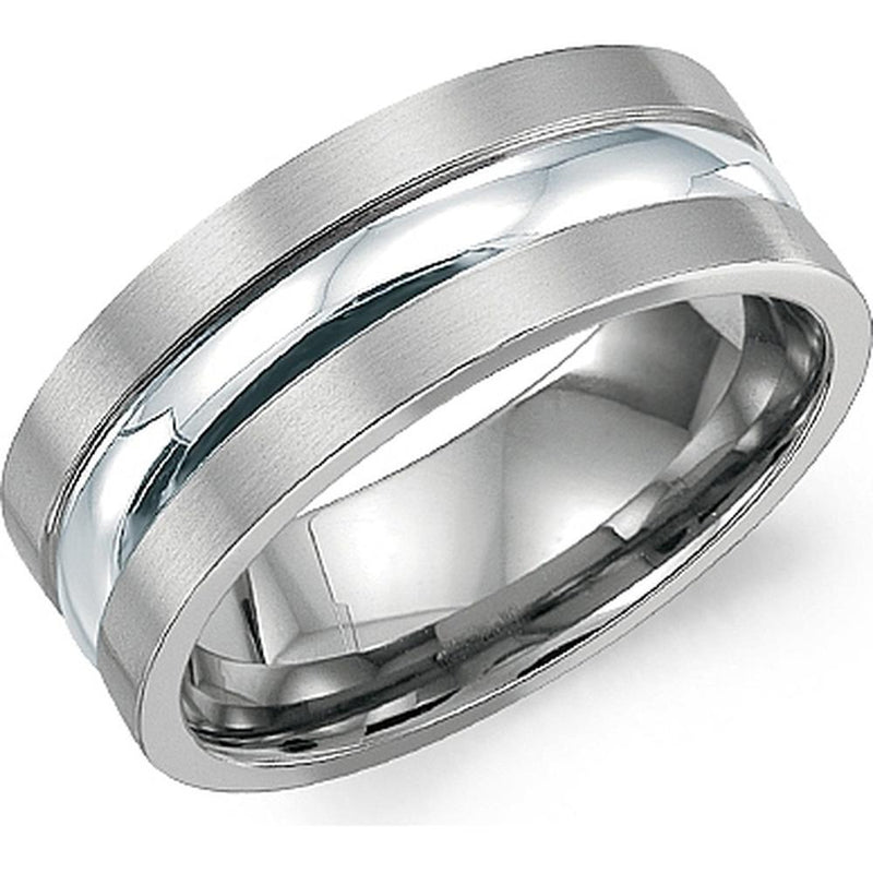 Torque Men's Wedding Band - Brushed Center with Polished Groove Accent in Titanium /Silver inlay Titanium and Sterling Silver - 9mm Width from the Titanium Collection