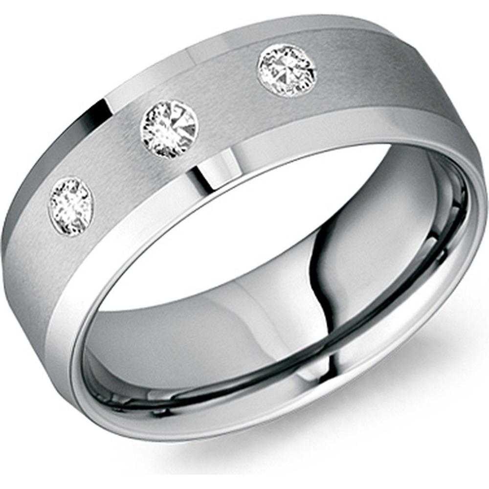Torque Men's Wedding Band - Brushed Center with Triple Diamond Inlays and Polished Beveled Edges in Tungsten Carbide - 8mm Width from the Tungsten Carbide Collection