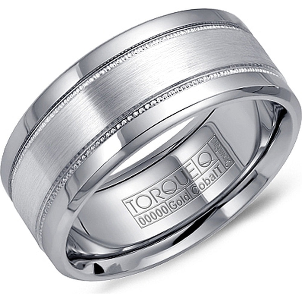Torque Men's Wedding Band - Brushed Cobalt with 14K White Gold Inlay and Milgrain Edges - 9mm Width from the Cobalt Collection