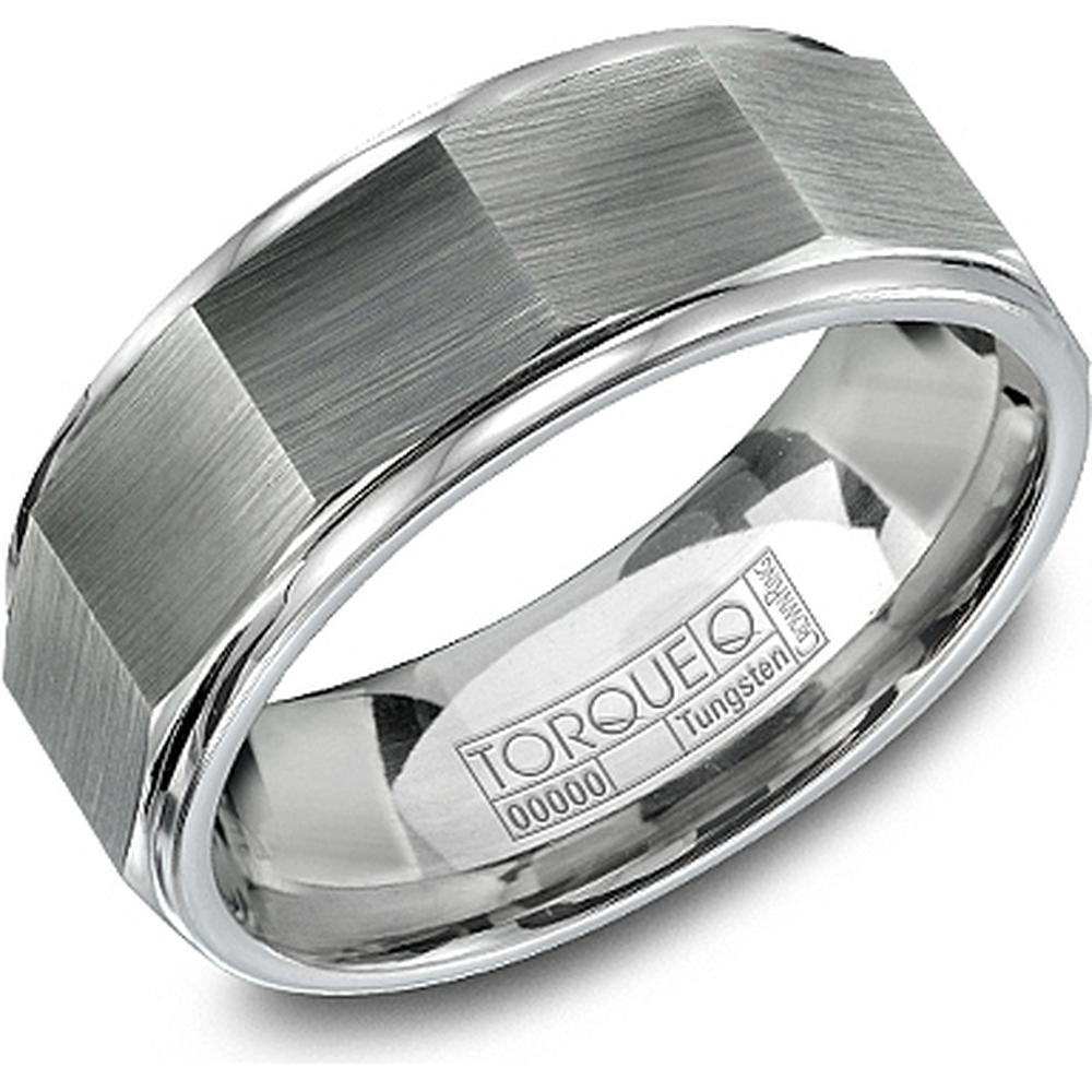 Torque Men's Wedding Band - Brushed Faceted Design with Polished Edges in Tungsten Carbide - 8mm Width from the Tungsten Carbide Collection
