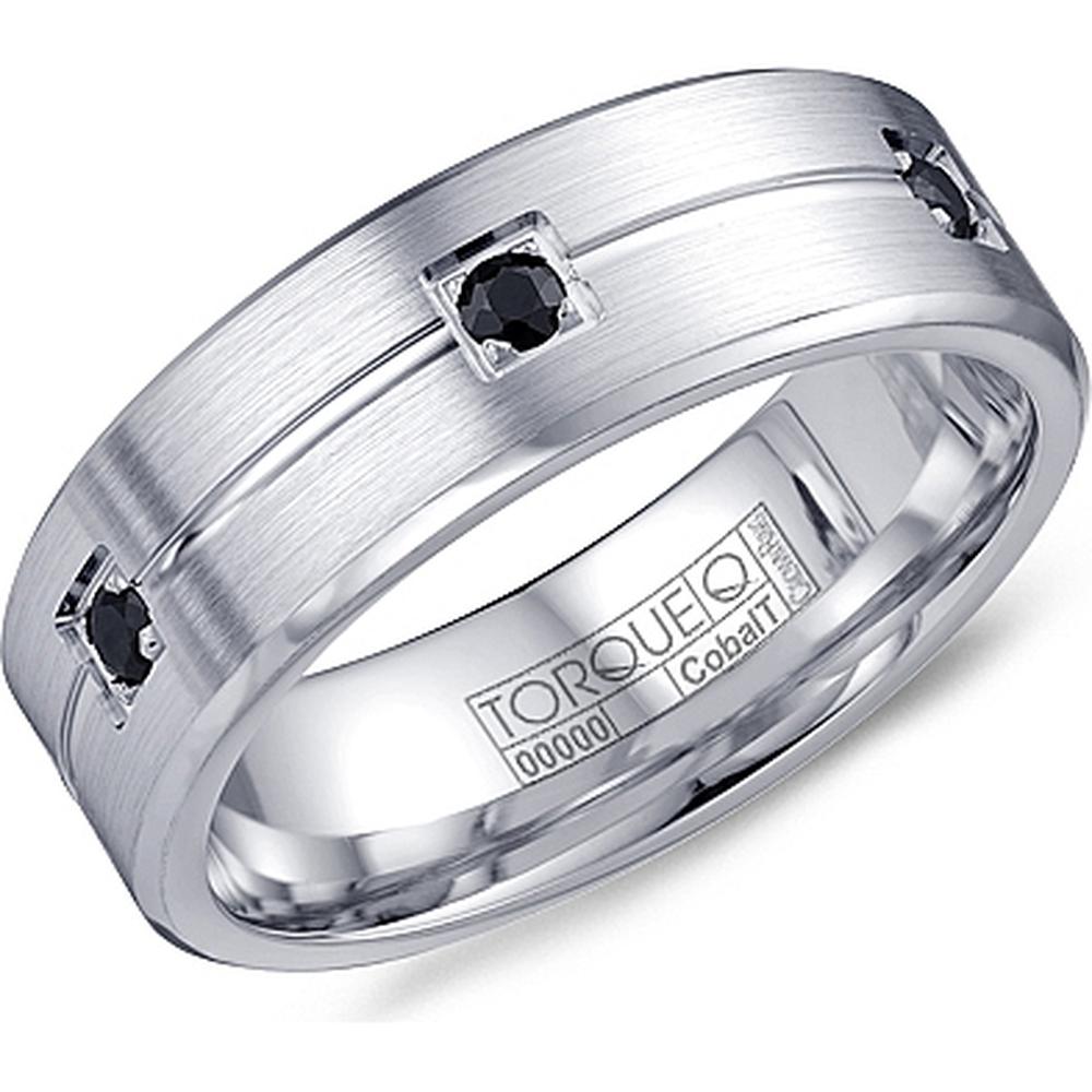 Torque Men's Wedding Band - Brushed Finish with Black Diamond Accents and Polished Grooves in Cobalt - 7mm Width from the Cobalt Collection
