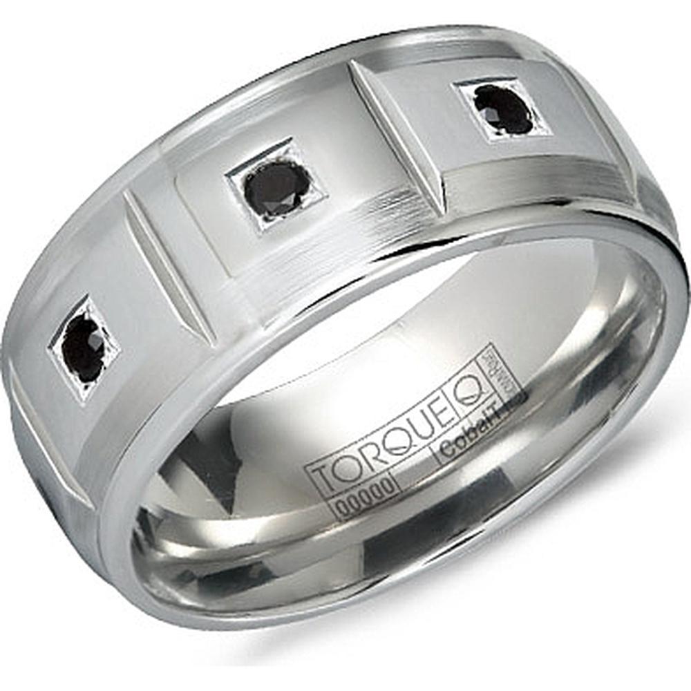 Torque Men's Wedding Band - Brushed Finish with Polished Grooves and Black Diamond Accents in Cobalt with Black Diamonds - 9mm Width from the Cobalt Collection