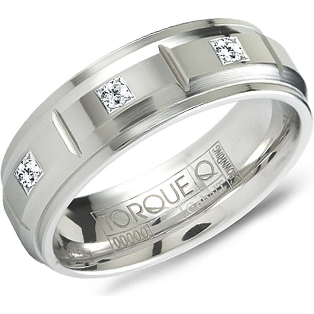 Torque Men's Wedding Band - Brushed Finish with Polished Grooves and Multiple Diamond Accents in Cobalt with Diamonds - 7mm Width from the Cobalt Collection
