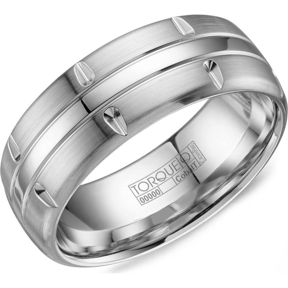 Torque Men's Wedding Band - Brushed Finish with Polished Grooves and Notch Detailing in Cobalt - 8mm Width from the Cobalt Collection