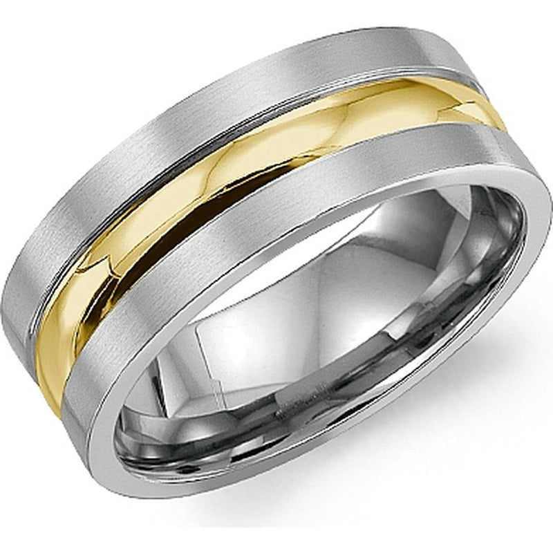 Torque Men's Wedding Band - Brushed Satin Finish with Polished Center Yellow Gold Goove Inlay in Titanium/18K Titanium and Yellow Gold - 9mm Width from the Titanium Collection