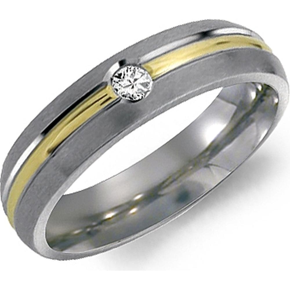 Torque Men's Wedding Band - Brushed Satin Surface with PolishedYellow Gold Groove and Single Round Diamond in Titanium & 18k Titanium and Yellow Gold - 6mm Width from the Titanium Collection
