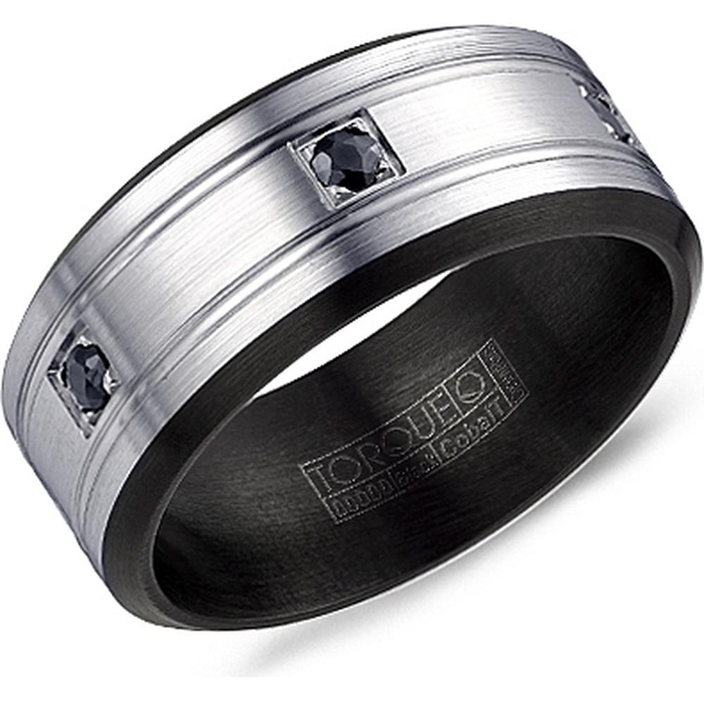 Torque Men's Wedding Band - Brushed Silver Band with Black Diamond Accents and Matte Black Edges in Black & White Cobalt - 9mm Width from the Black Cobalt Collection