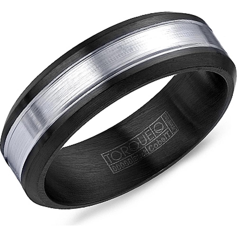 Torque Men's Wedding Band - Brushed Silver Center with Matte Black Beveled Edges and Sleek Design in Black & White Cobalt - 7mm Width from the Black Cobalt Collection