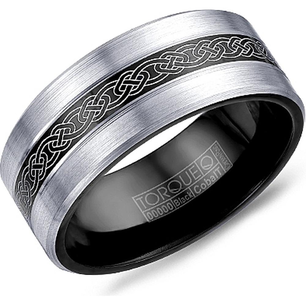 Torque Men's Wedding Band - Brushed Silver Finish with Intricate Celtic Knot Inlay and Polished Black Edges in Black Cobalt - 9mm Width from the Black Cobalt Collection