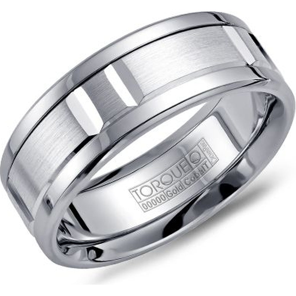 Torque Men's Wedding Band - Brushed White Cobalt with 14K White Gold Polished Edges - 7.5mm Width from the Cobalt Collection