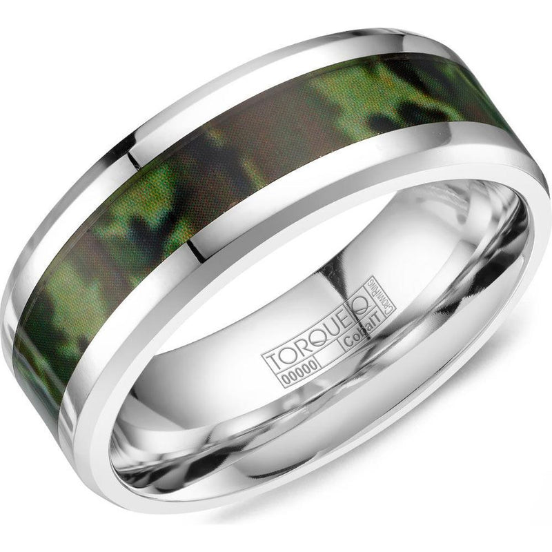 Torque Men's Wedding Band - Camo Inlay with Polished Beveled Edges in White Cobalt Edges with Camo Pattern Inlay - 8mm Width from the Cobalt Collection