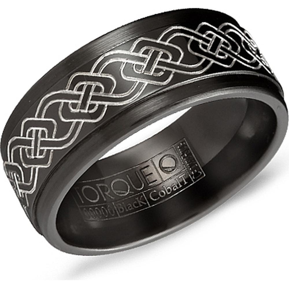 Torque Men's Wedding Band - Celtic Knot Engraved Matte Finish with Step Down Edges in Black Cobalt - 9mm Width from the Black Cobalt Collection